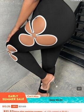 SHEIN Black Leggings with White-Trim Flower Cutouts